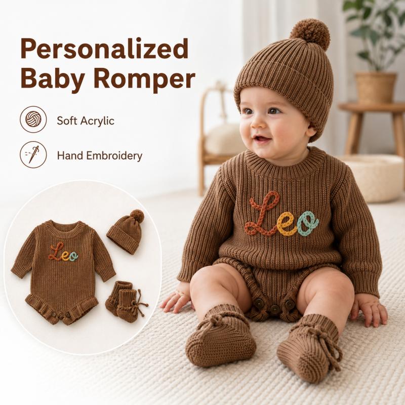 Baby Clothing Name - 맞춤형 아기 니트 롬퍼, 이름 자수,